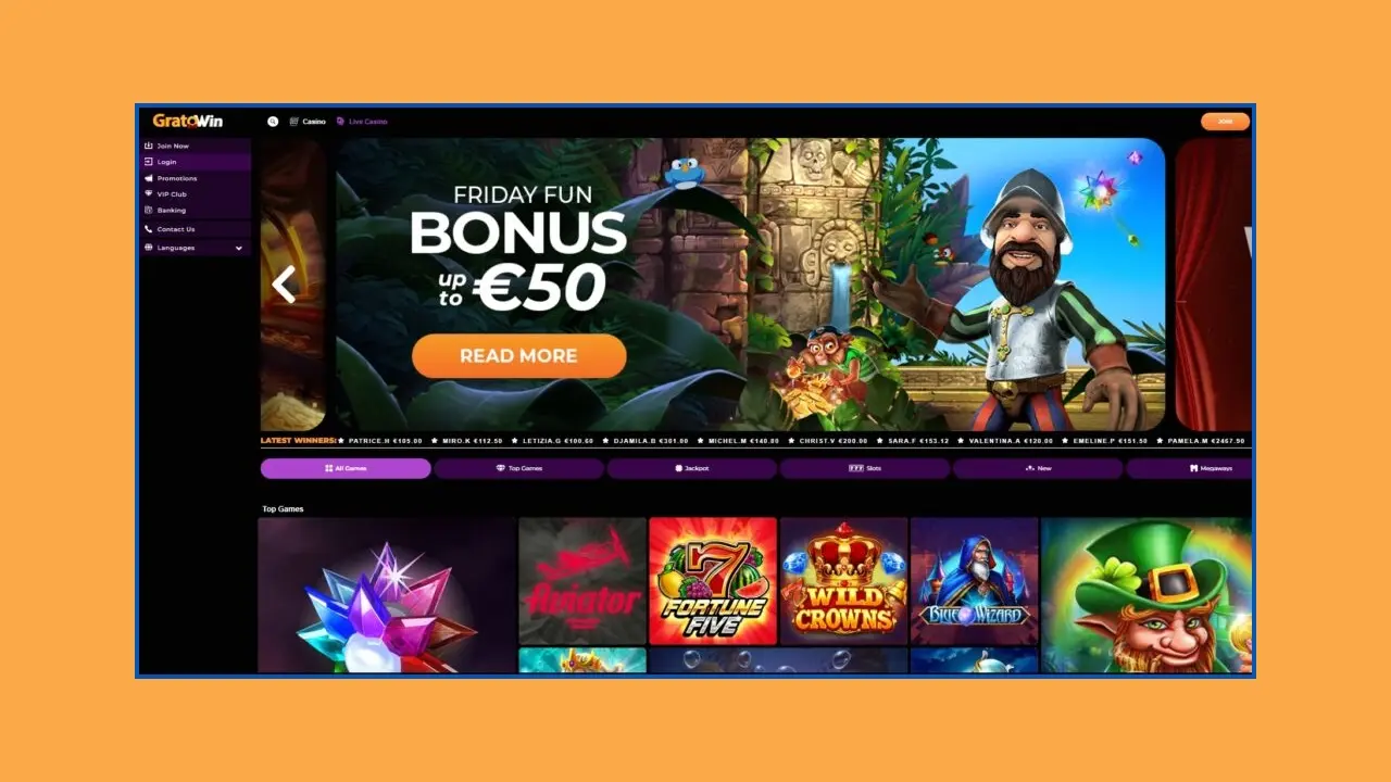 Spielsortiment in der mobilen Version von Gratowin